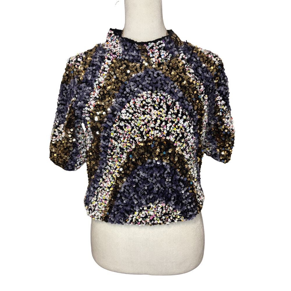 Maeve Anthropologie Multicolor Sequin Crop Top Party Blouse XS